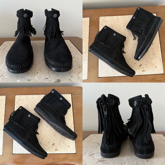 Minnetonka Suede Moccasin Ankle Boots High Top Back Zip Women 8.5 Black Fringe - Picture 4 of 9